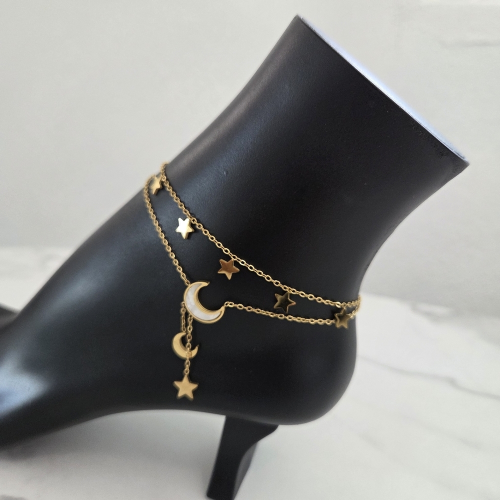 Gold Anklet Moon and Stars Charms Double Chain Layered Ankle Bracelet - Picture 6 of 15